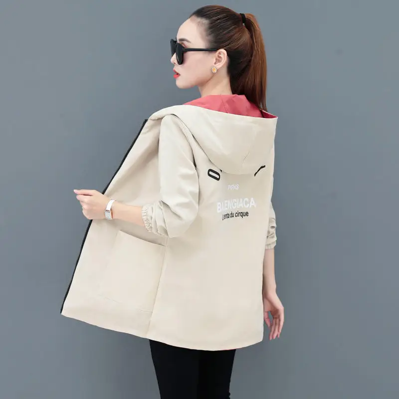 Women Reversible Trench Coat Black Red Hooded Spring Top