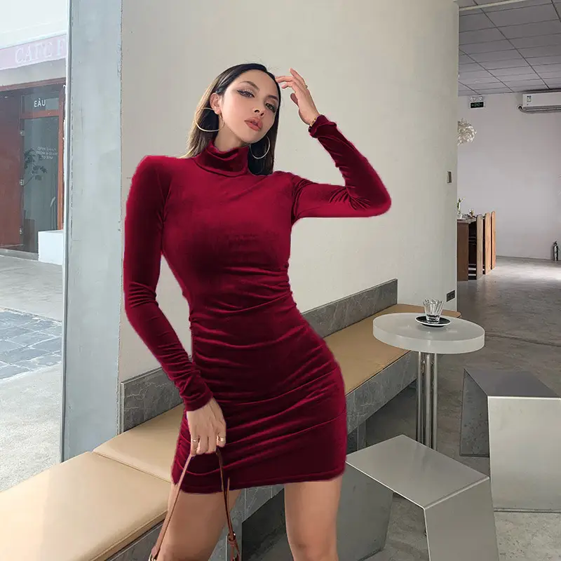 Blue Long Sleeve Slim Fit Dress with High Collar - Image 7