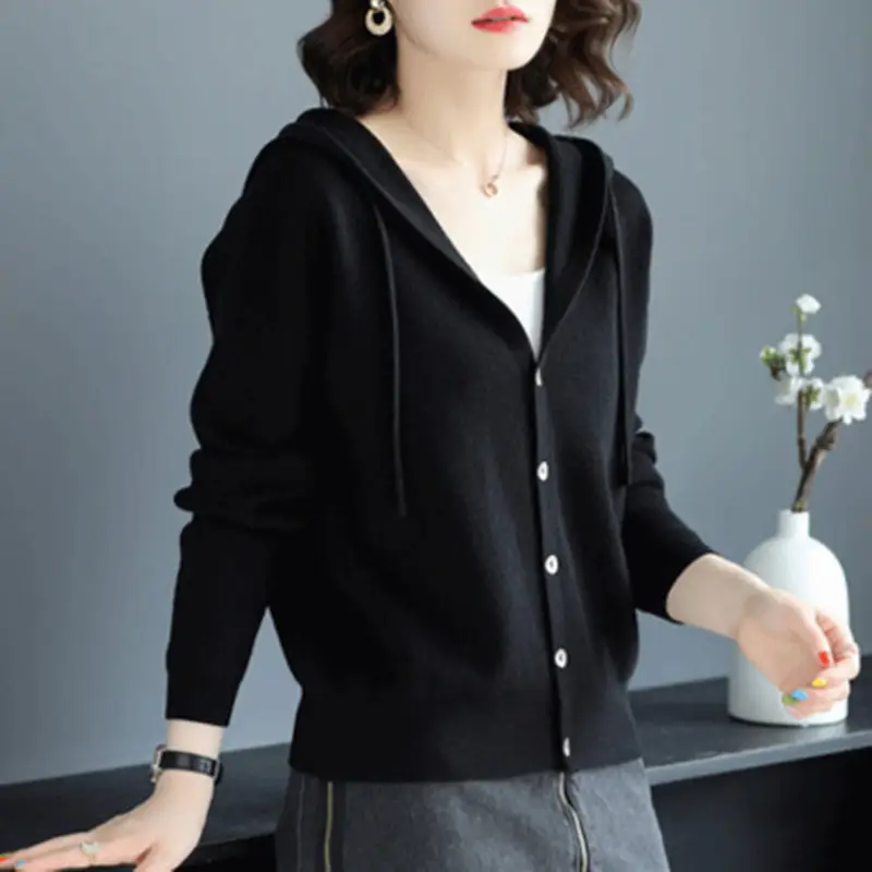 Women Blue Knitted Cardigan Hooded Sweater Jacket Spring Autumn 2023 - Image 11