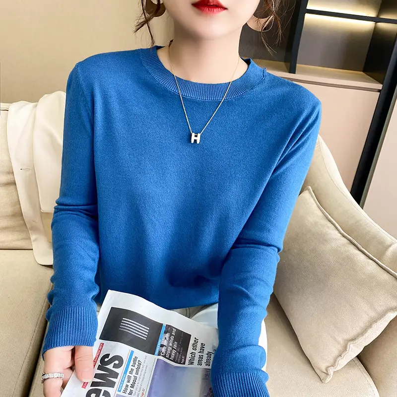 Women Blue Round Neck Long Sleeve Sweater 2024 - Image 19