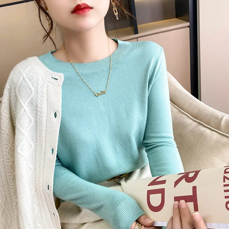 Women Blue Round Neck Long Sleeve Sweater 2024 - Image 20