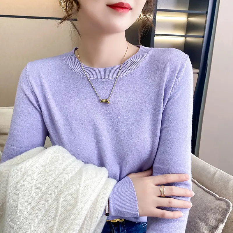 Women Blue Round Neck Long Sleeve Sweater 2024 - Image 11