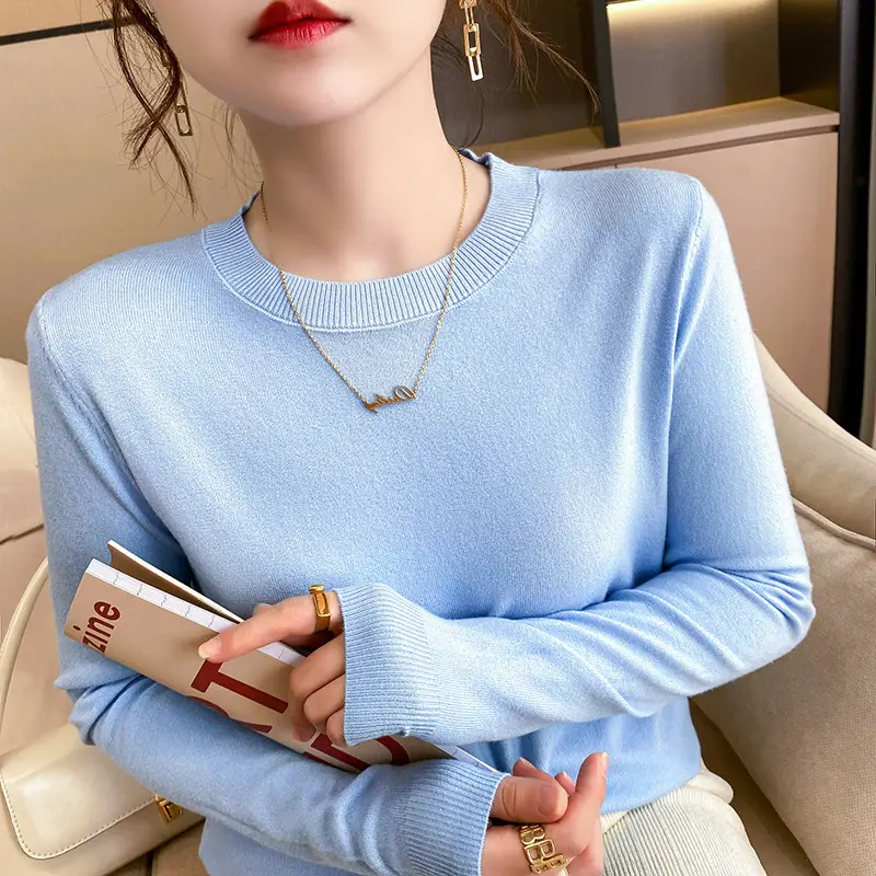 Women Blue Round Neck Long Sleeve Sweater 2024 - Image 12