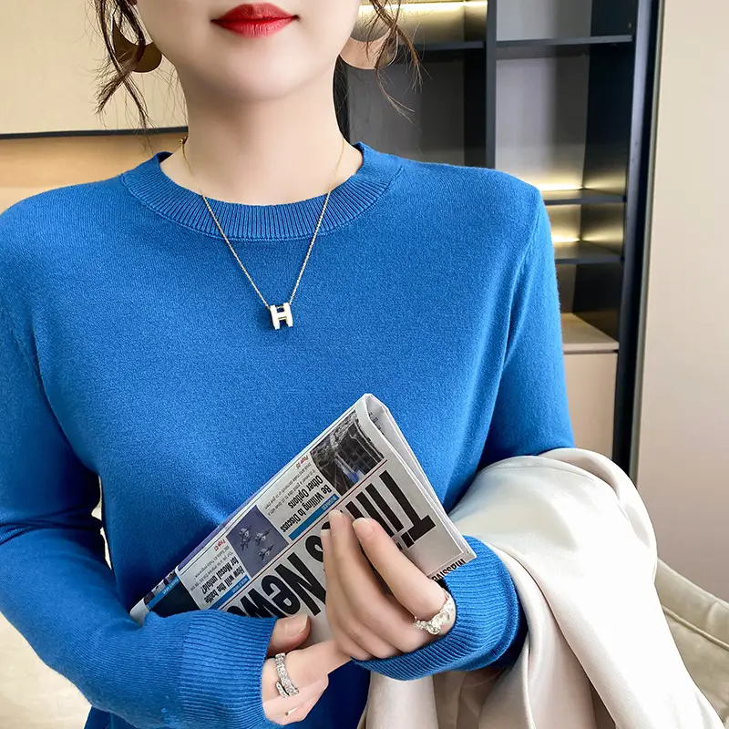 Women Blue Round Neck Long Sleeve Sweater 2024 - Image 14