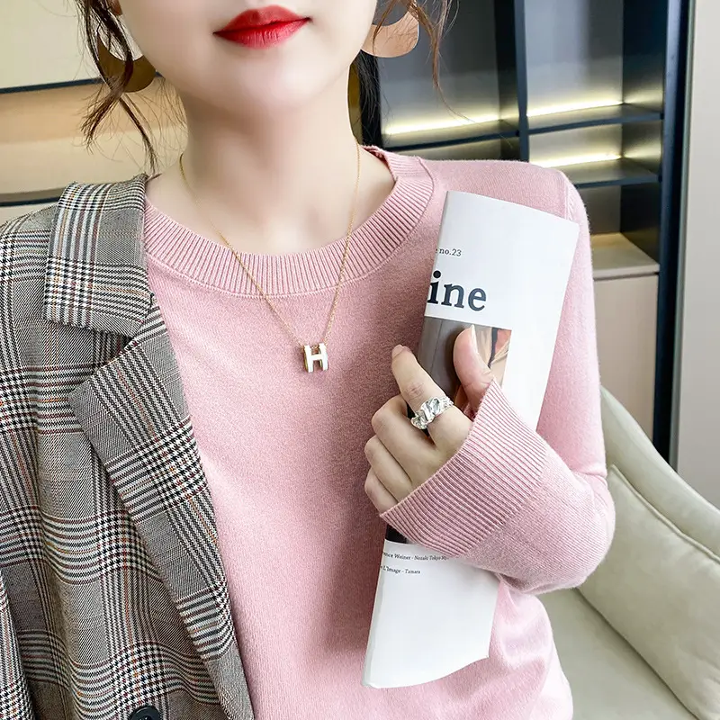Women Blue Round Neck Long Sleeve Sweater 2024 - Image 2