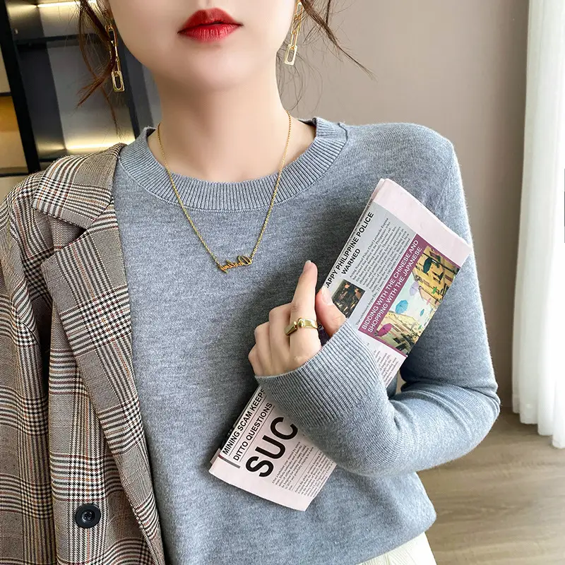 Women Blue Round Neck Long Sleeve Sweater 2024 - Image 3