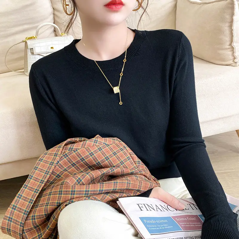 Women Blue Round Neck Long Sleeve Sweater 2024 - Image 4