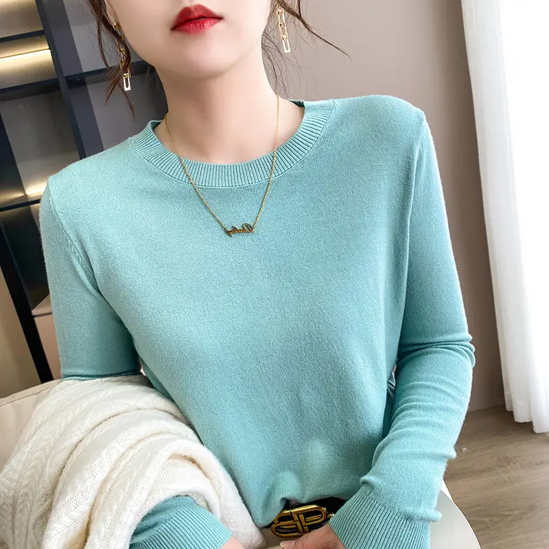 Women Blue Round Neck Long Sleeve Sweater 2024 - Image 5