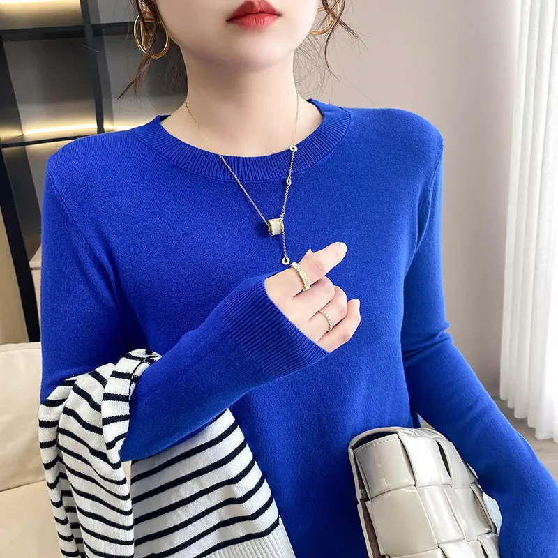Women Blue Round Neck Long Sleeve Sweater 2024 - Image 6