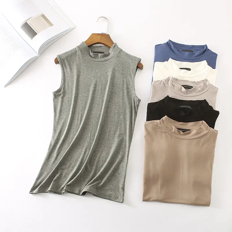 Spring Sleeveless Half High Collar Vest Shirt Grey Large - Image 8
