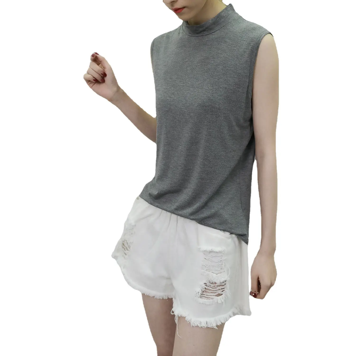 Spring Sleeveless Half High Collar Vest Shirt Grey Large - Image 10