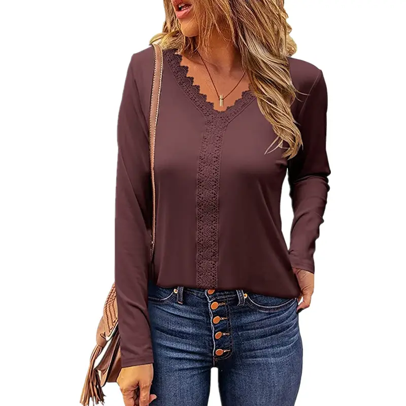 New Women's Lace Long Sleeve V Neck T-Shirt Black Brown White