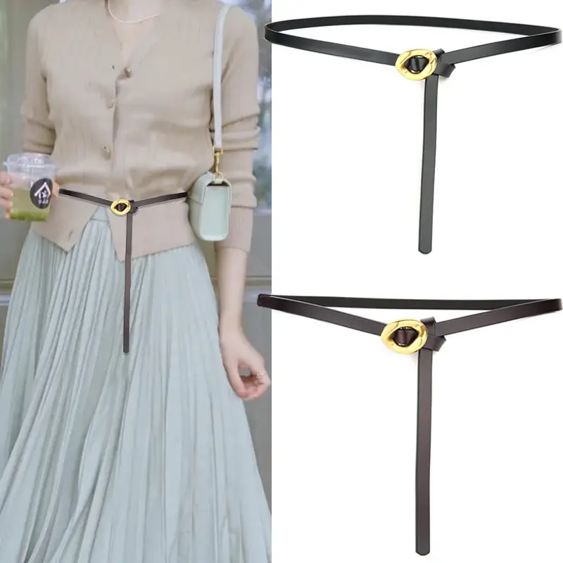 Women's Black Adjustable Cowhide Belt with Gold Clasp - Image 8
