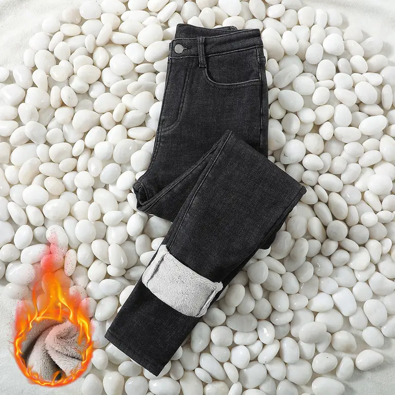 Women Jeans Black Fleece Lined Slim Fit High Waist Elastic