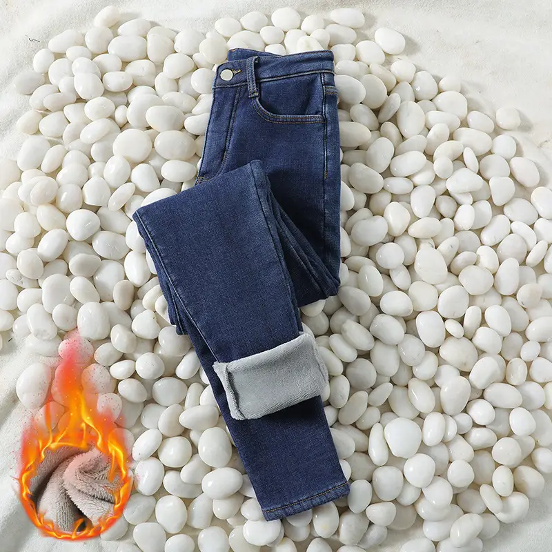 Women Jeans Black Fleece Lined Slim Fit High Waist Elastic