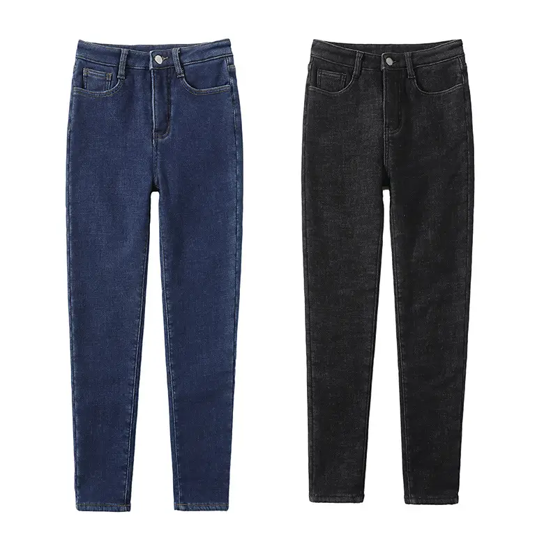 Women Jeans Black Fleece Lined Slim Fit High Waist Elastic