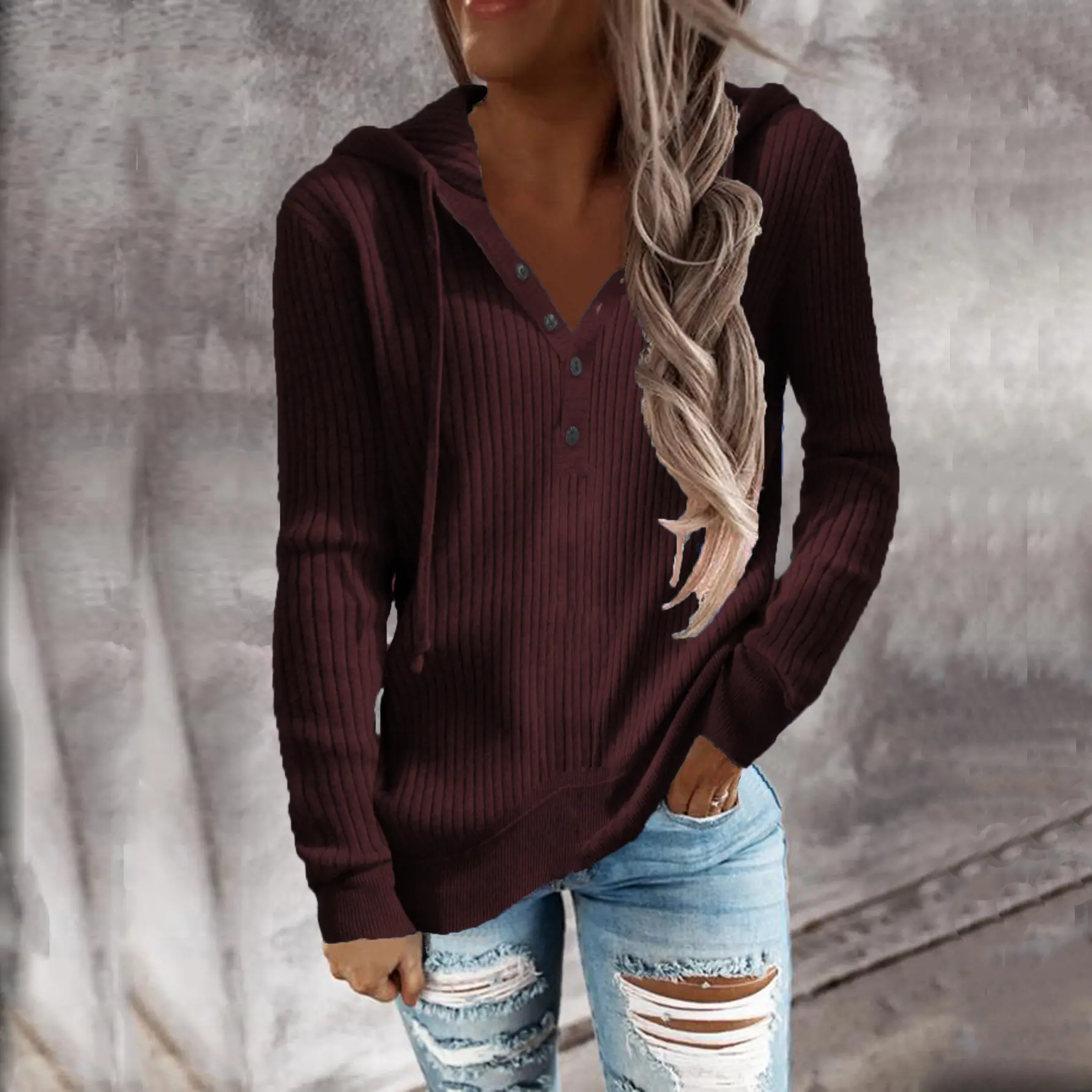 Women Crossbody Hooded Cardigan Sweater Blue Striped Long Sleeve - Image 5