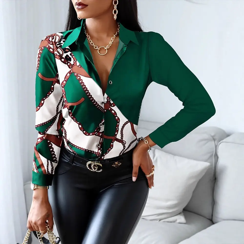 2021 Long Sleeve V Collar Shirt Top Black Leather Print - Image 14