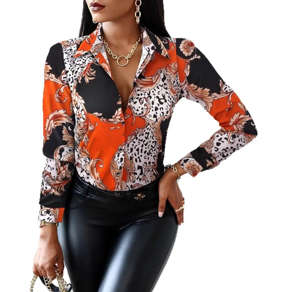 2021 Long Sleeve V Collar Shirt Top Black Leather Print - Image 16