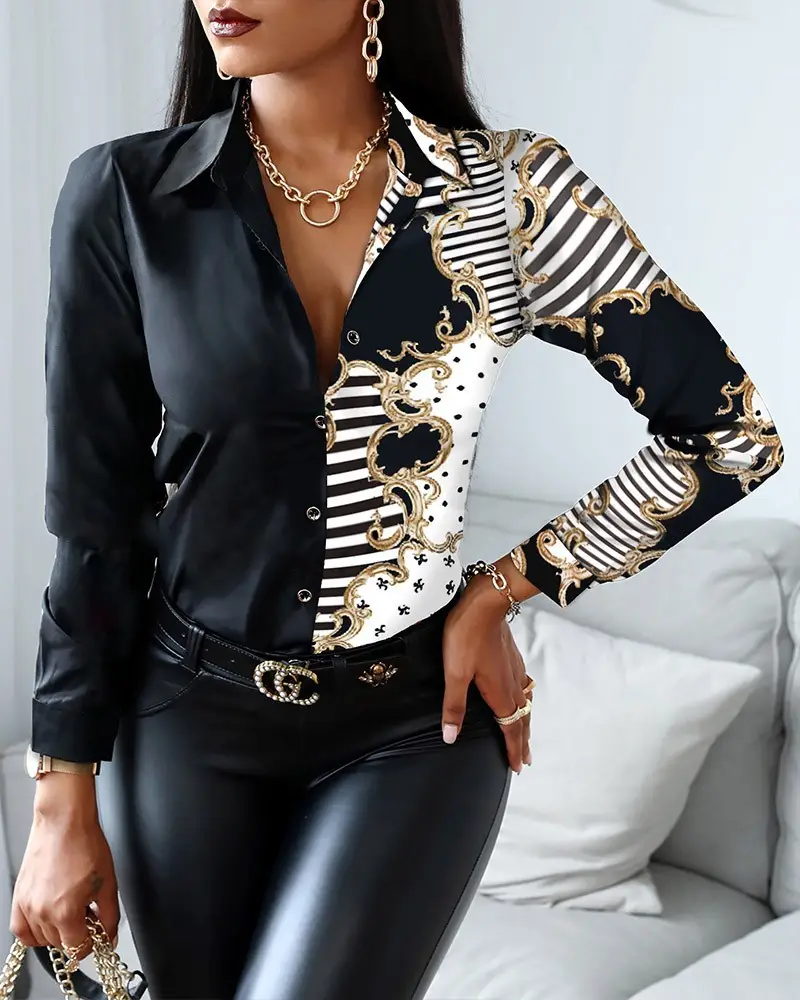 2021 Long Sleeve V Collar Shirt Top Black Leather Print - Image 11