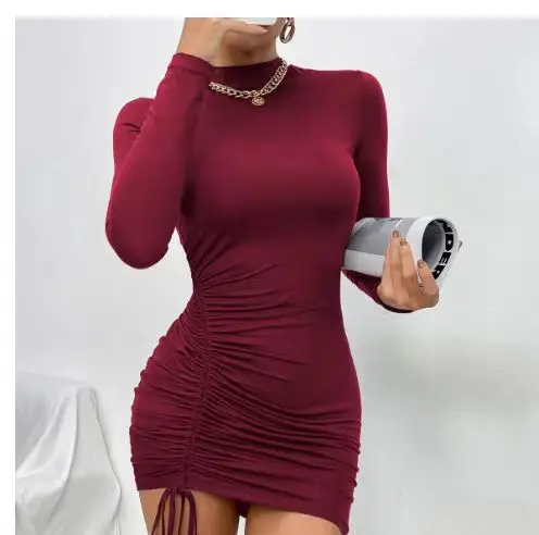 Purple Long Sleeve Pleated Dress with Lace-Up Tie - Image 8