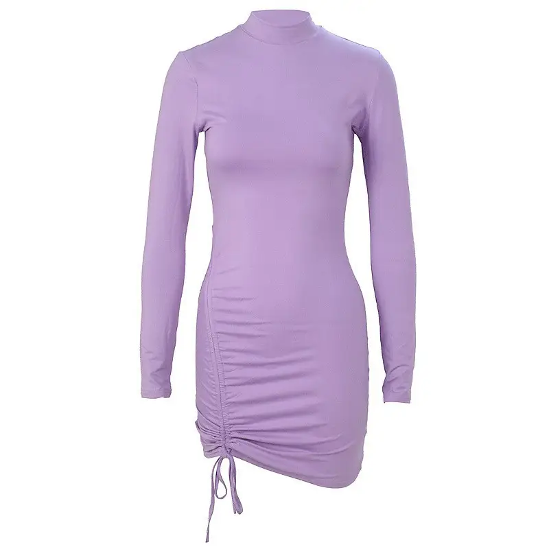 Purple Long Sleeve Pleated Dress with Lace-Up Tie - Image 9