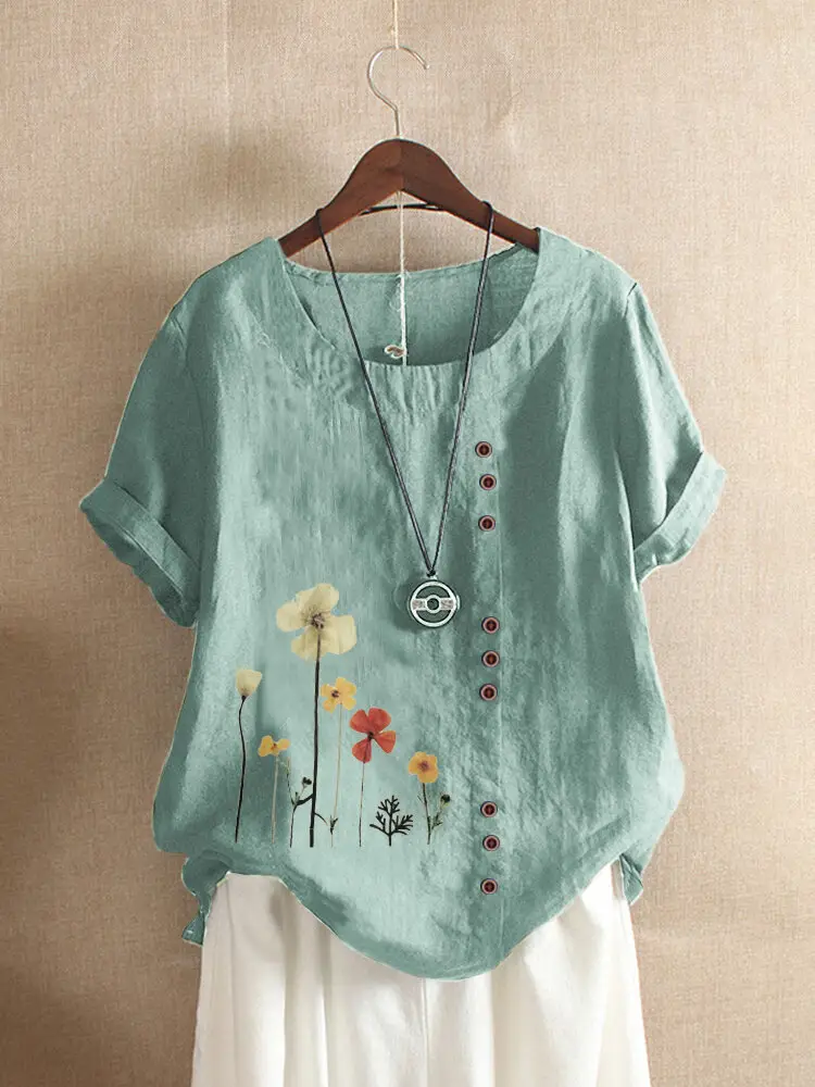 Green Floral Embroidered Loose Top for Women