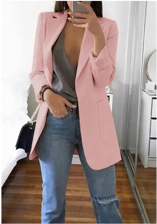 Women's Pink Lapel Slim Cardigan Suit Coat 2021 — feature 11