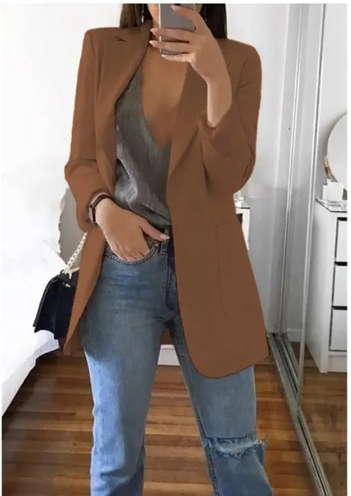 Women's Pink Lapel Slim Cardigan Suit Coat 2021 - Image 13