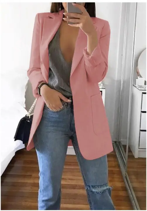 Women's Pink Lapel Slim Cardigan Suit Coat 2021 - Image 4