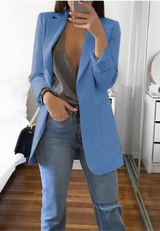 Women's Pink Lapel Slim Cardigan Suit Coat 2021 - Image 5