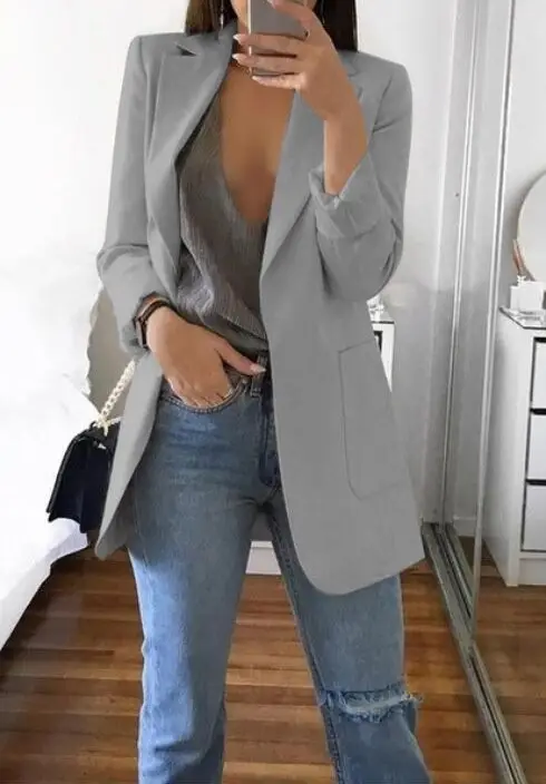 Women's Pink Lapel Slim Cardigan Suit Coat 2021 - Image 7