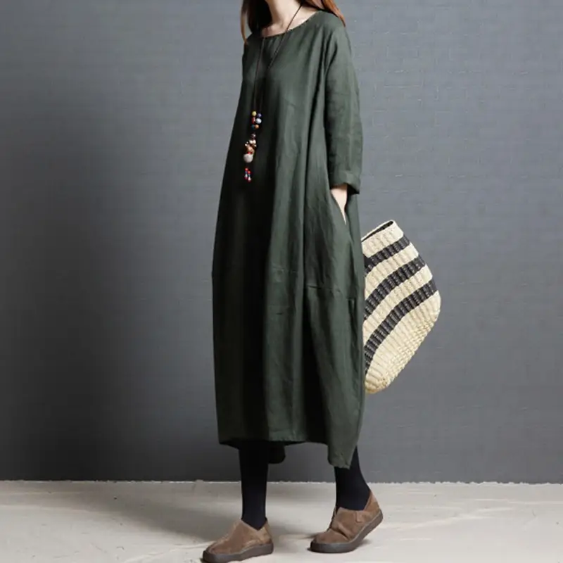 Korean Style Long Sleeve Women's Dress Large Cotton Linen