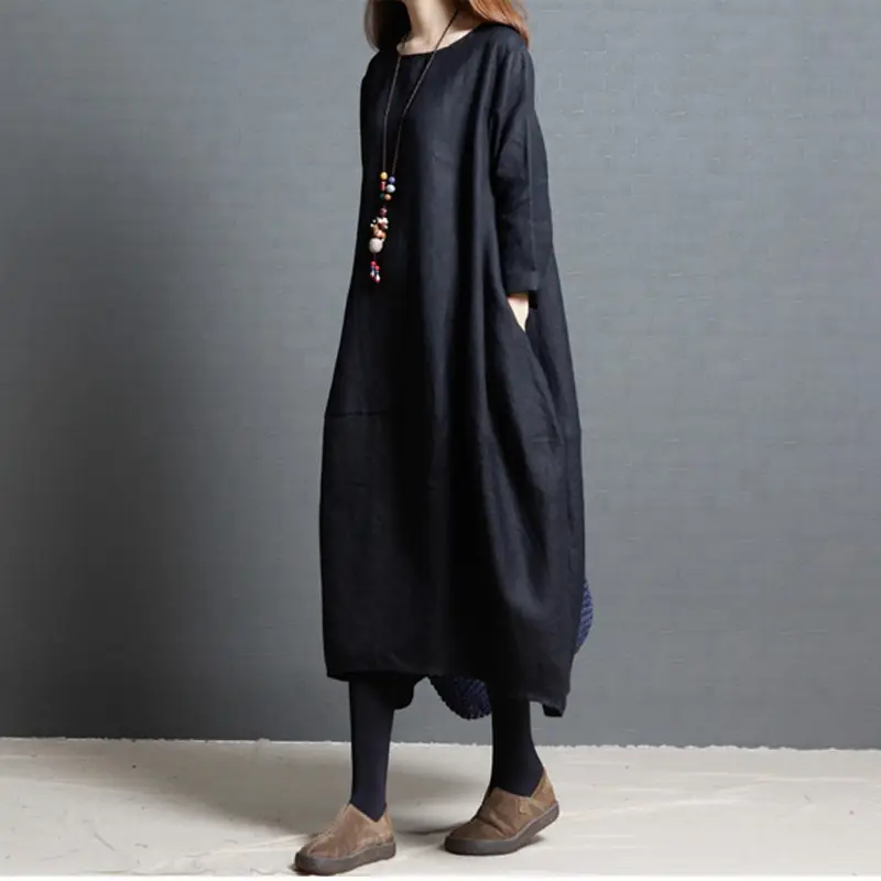 Korean Style Long Sleeve Women's Dress Large Cotton Linen
