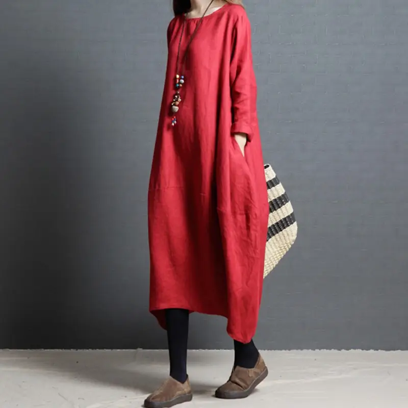 Korean Style Long Sleeve Women's Dress Large Cotton Linen