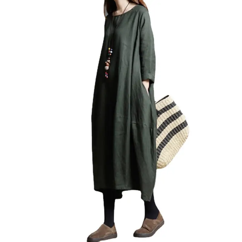 Korean Style Long Sleeve Women's Dress Large Cotton Linen