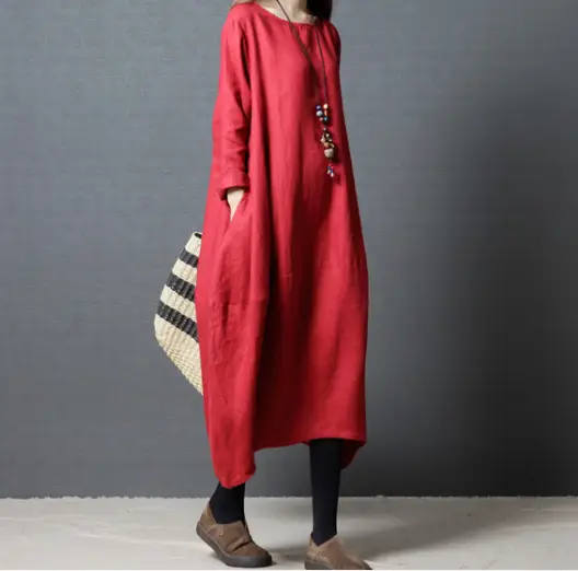 Korean Style Long Sleeve Women's Dress Large Cotton Linen