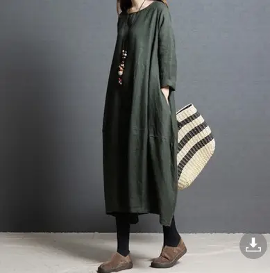 Korean Style Long Sleeve Women's Dress Large Cotton Linen