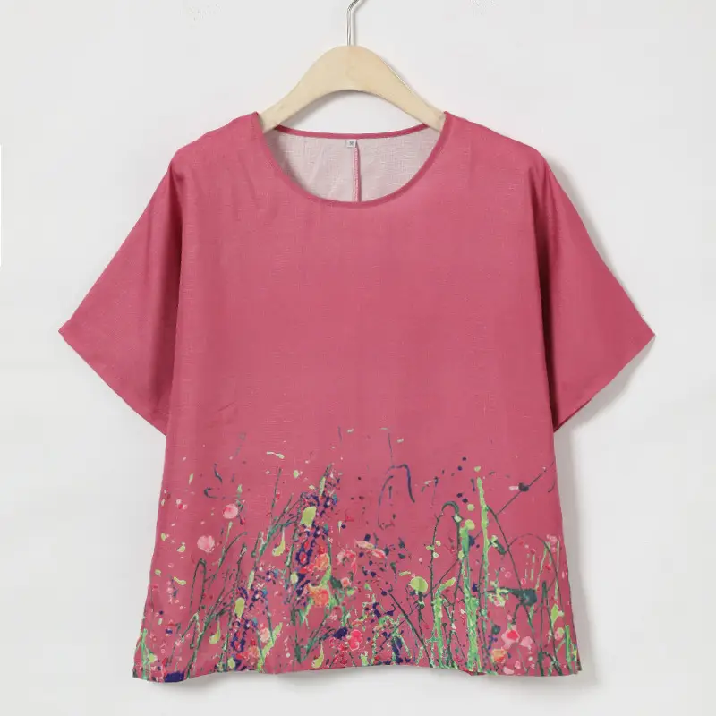 Women Printed Floral T-Shirt Mint Loose Fit Summer - Image 3