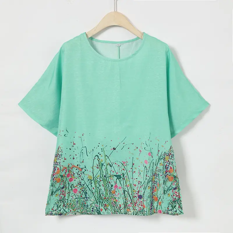 Women Printed Floral T-Shirt Mint Loose Fit Summer - Image 4