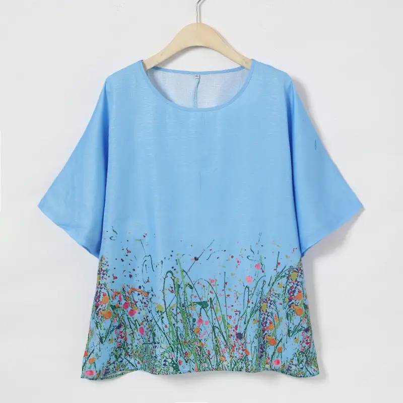 Women Printed Floral T-Shirt Mint Loose Fit Summer - Image 5