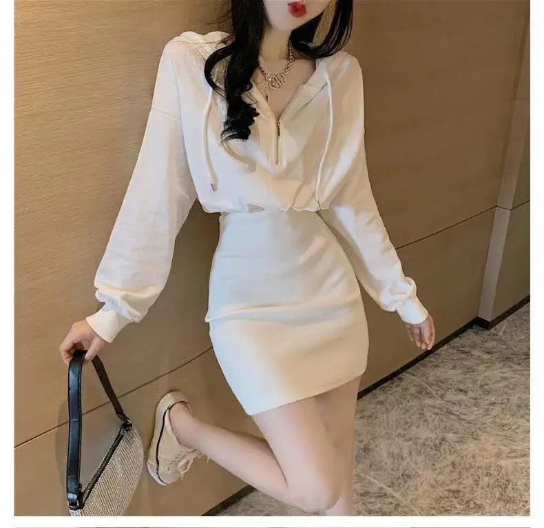 Women's Light Weight Hooded Mini Dress Cream White — feature 12