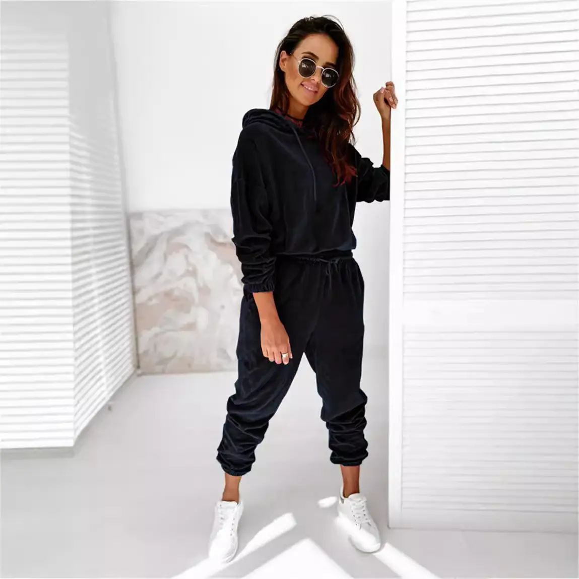 Women Velvet Hooded Sweatpants Set Green Winter Casual - Image 14