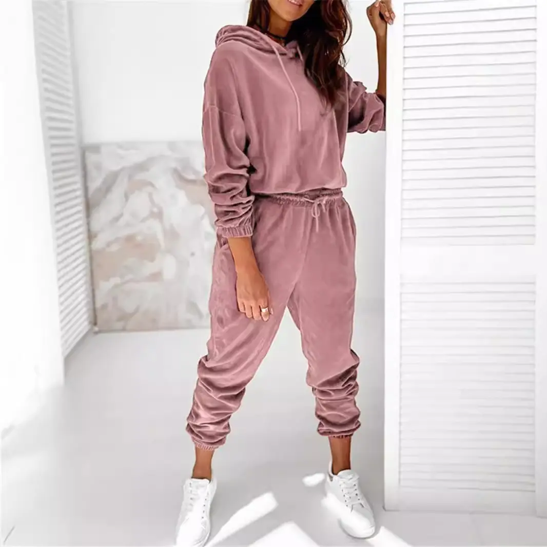 Women Velvet Hooded Sweatpants Set Green Winter Casual - Image 16