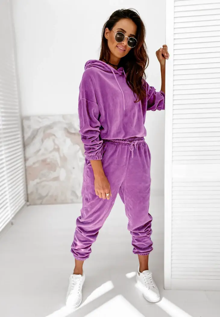 Women Velvet Hooded Sweatpants Set Green Winter Casual — feature 11
