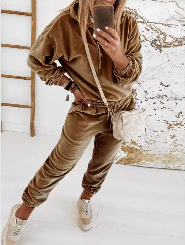 Women Velvet Hooded Sweatpants Set Green Winter Casual — feature 16