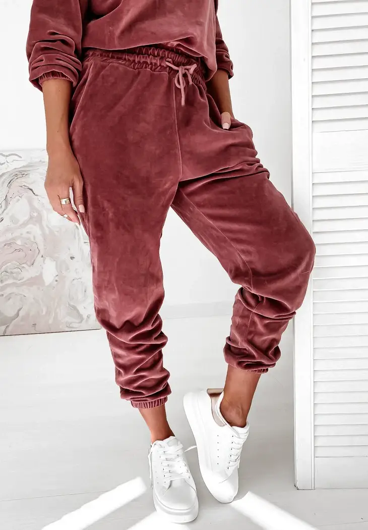 Women Velvet Hooded Sweatpants Set Green Winter Casual — feature 5