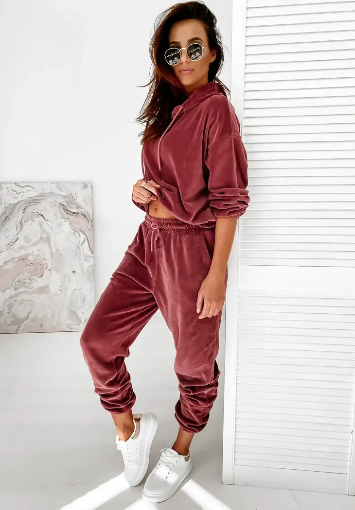 Women Velvet Hooded Sweatpants Set Green Winter Casual — feature 7