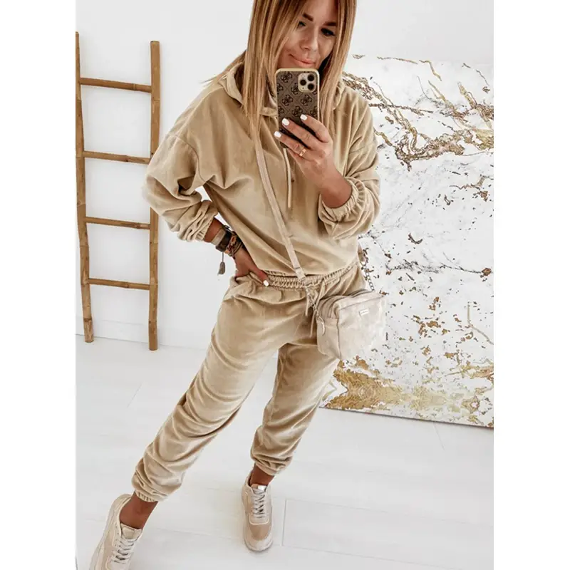 Women Velvet Hooded Sweatpants Set Green Winter Casual — feature 8