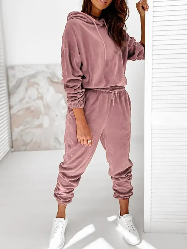Women Velvet Hooded Sweatpants Set Green Winter Casual - Image 3